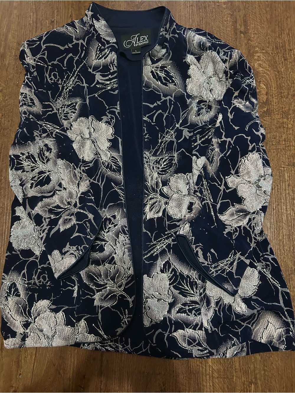 Alex Evenings Navy and Silver Floral Evening Jacket and camisole Set - Picture 3 of 4